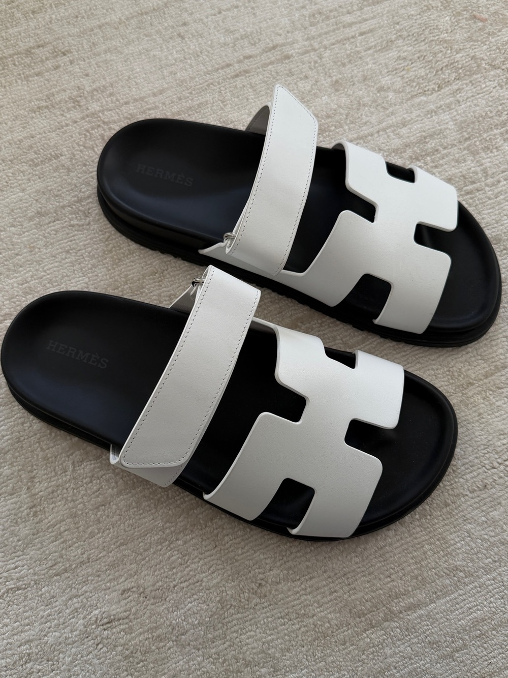 Hermes White Leather H-Slot Slide Sandals with Black Footbed
